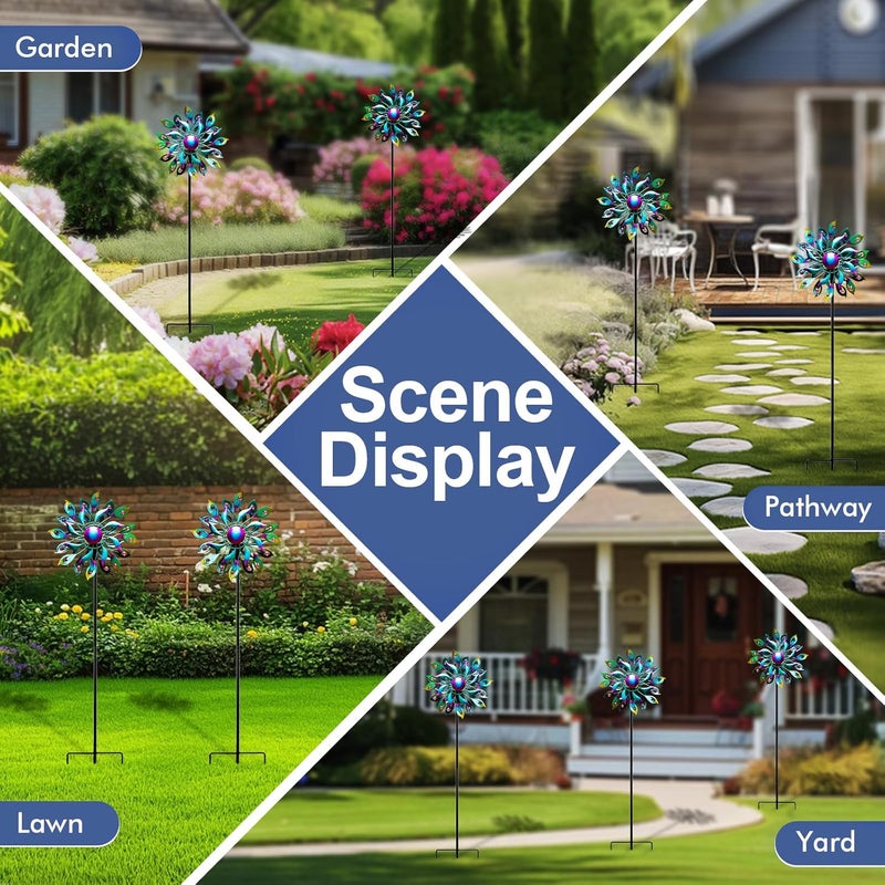 MXwcy 360°Peacock Solar Wind Spinner with Lights Blue Metal Garden Outdoor Decor Yard Lawn Art Decor for Patio Kinetic Windmills Unique Gifts for Friends and Family 51.9' H x 12.2'' Dia - Image 5